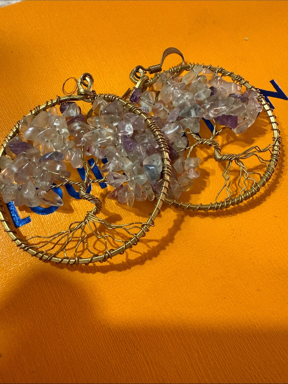 Costa Rican Brass Wire Tree of Life Hoop Earrings w/ Clear & Amethyst Chip Beads